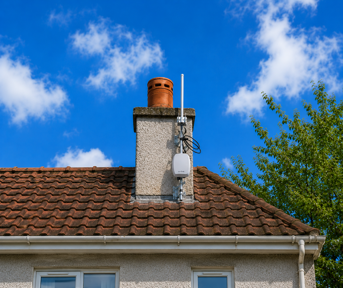 A Netmore LoRaWAN gateway mounted on a UK chimney stack against a bright blue sky